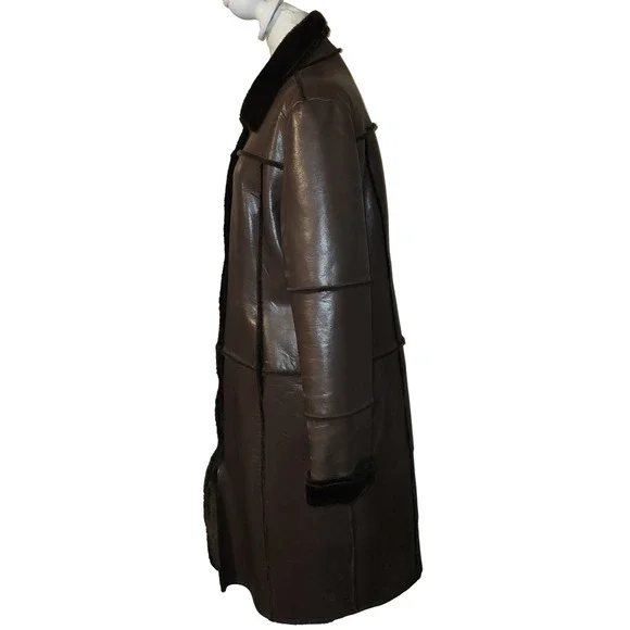 Pele For Outerwear Brown Faux Shearling Leather Long Coat Womens Size Large - Picture 2 of 10